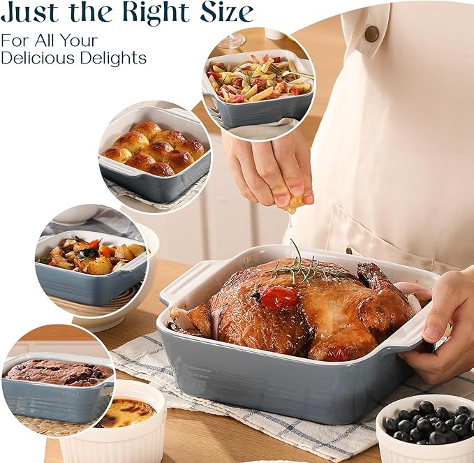 DOWAN 8x8 Baking dish, Square Baking Pan, Ceramic Casserole Dishes for Oven, Cake Pan with Handle