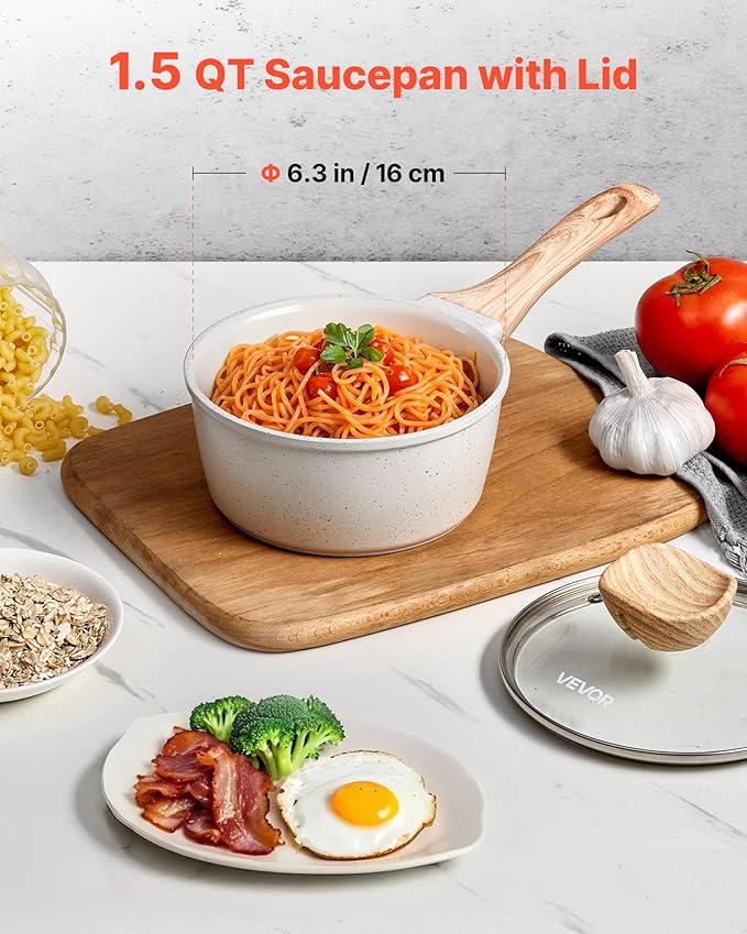 VEVOR 1.5 QT Saucepan, Nonstick Saucepan with Tempered Glass Lid, Multipurpose Cooking Sauce Pot