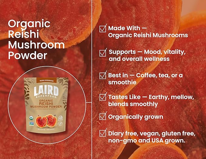 Laird Superfood Organic Reishi Mushroom Powder for Immune Support and Stress Relief, 3.17 oz. Bag