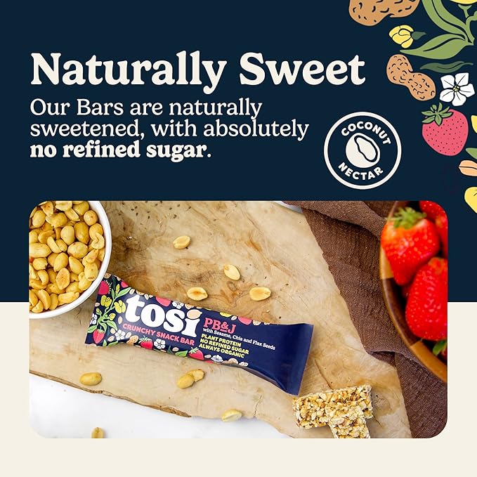 Tosi Peanut Butter & Jelly Protein Bars, Plant Based with Nuts, Gluten-Free Crunchy Snacks, Vegan