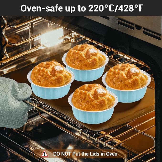 EUSOAR Foil Pans with Lids, 25pcs 9oz Blue Aluminum Cups with Lids, Disposable Ramekins Cheesecake