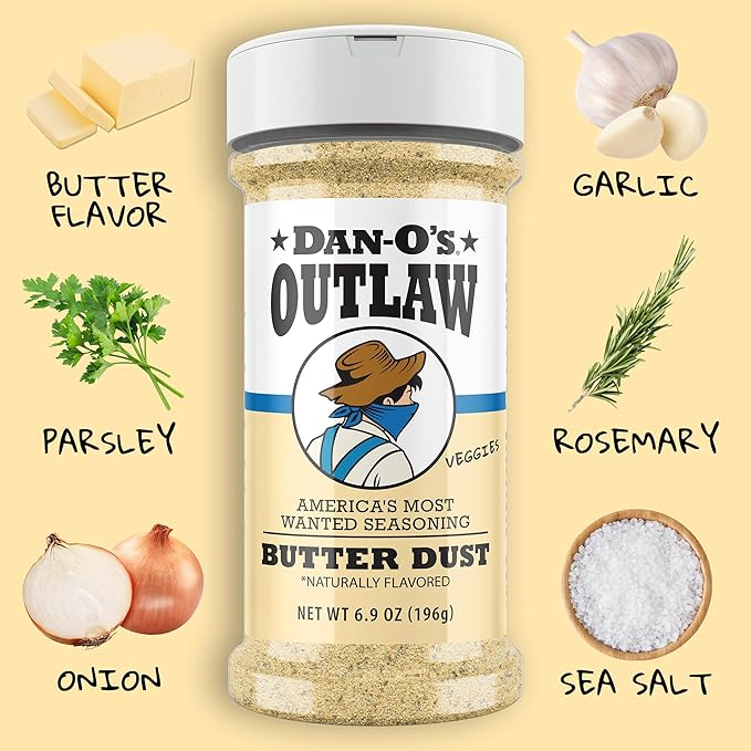 Dan-O's Outlaws Butter Dust Seasoning, 6.9 oz Bottle, Buttery All Purpose Seasoning for Chicken