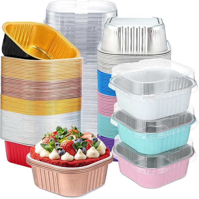 Aoriher 150 Pieces 10 oz Mini Cake Pans with Lids Aluminum Foil Baking Cups Square Disposable 4" x