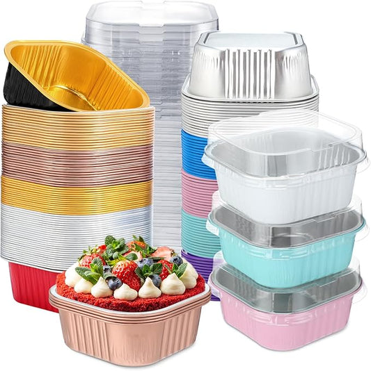 Aoriher 150 Pieces 10 oz Mini Cake Pans with Lids Aluminum Foil Baking Cups Square Disposable 4" x