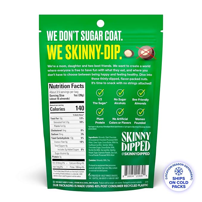SkinnyDipped Mocha Splash Almonds, Healthy Snack, Plant Protein, Gluten Free, 3.5 oz Resealable