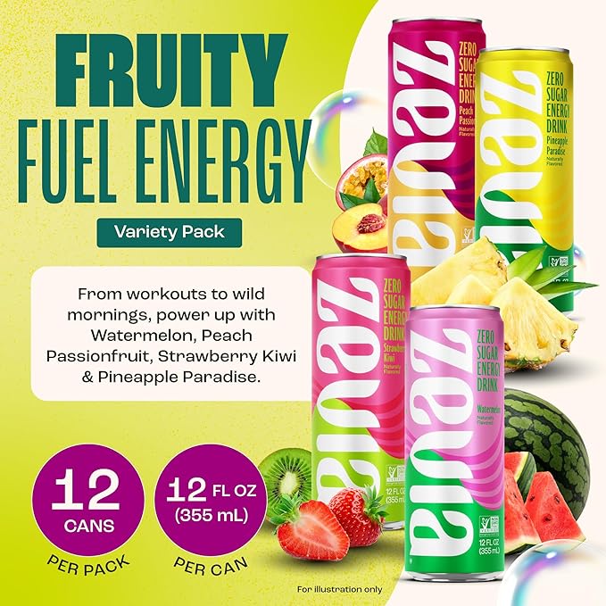 Zevia Zero Sugar Energy Drink, Fruity Fuel Variety Pack, 12 oz Cans (12-Pack) – Naturally