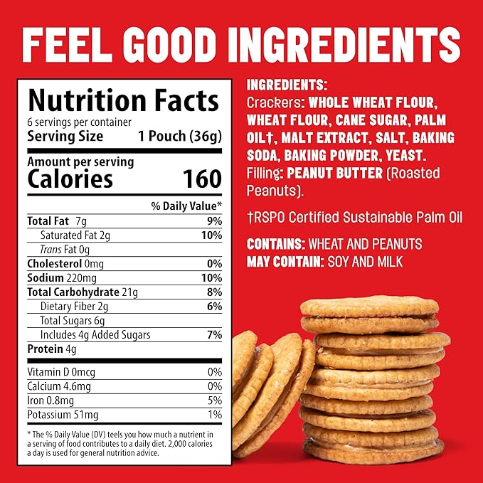 Mavericks Sandwich Crackers Peanut Butter - Plant-Based Peanut Butter Sandwich Snack Crackers