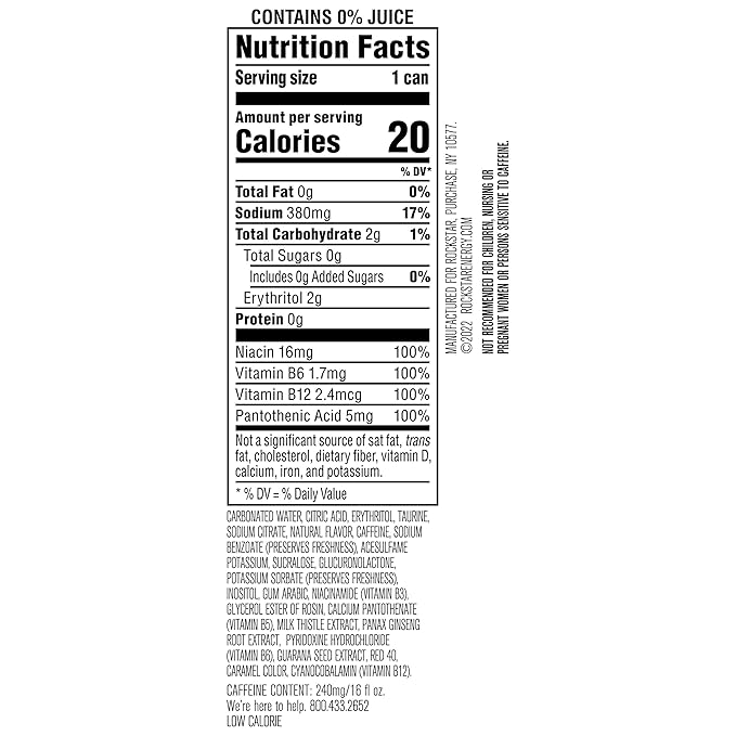 Rockstar Pure Zero Energy Drink, Tangerine Mango Guava Strawberryh, 0 Sugar, with Caffeine and