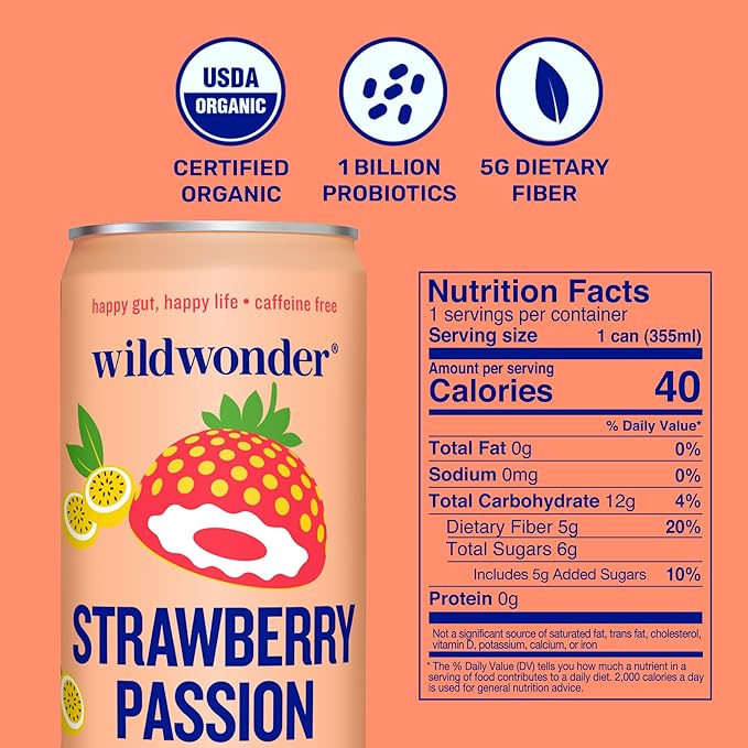 wildwonder Sparkling Probiotic Drink 12pk, For Gut Health & Immune Support, Strawberry Passion, 5g