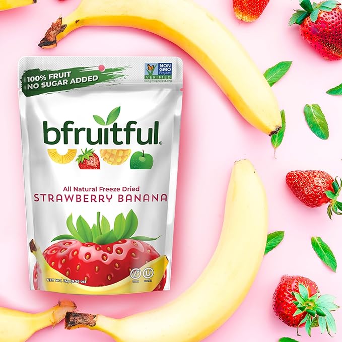 bfruitful Freeze-Dried Strawberry Banana, Freeze Dried Fresh Fruit Bites, Gluten Free, Vegan, Dairy