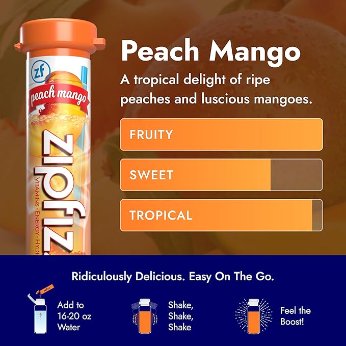 Zipfizz Daily Energy Drink Powder, Peach Mango, 20 Pack | 3-in-1 Sustained Energy, Rapid Hydration