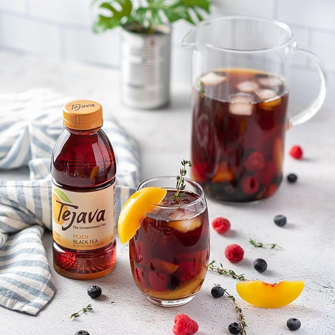 Tejava Peach Black Tea, 6 Pack 16.9 oz PET, Unsweetened, Ready-to-Drink Premium Iced Tea