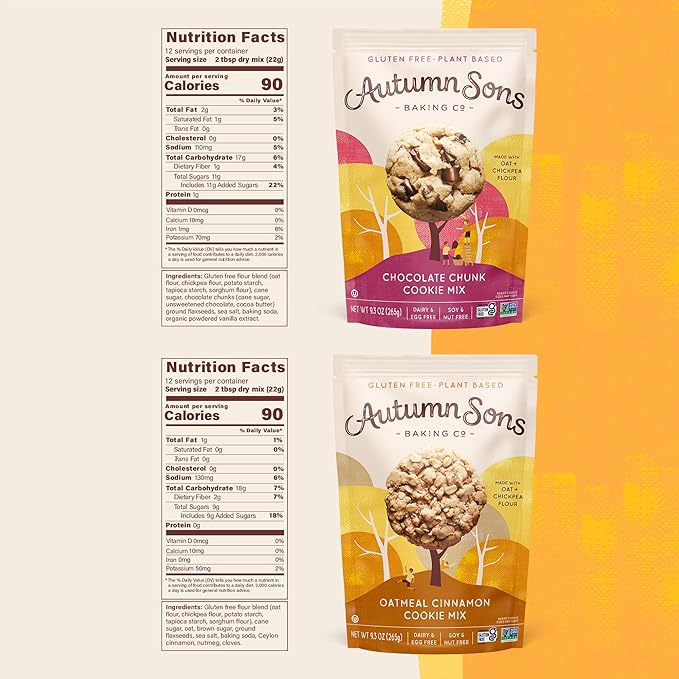 Autumn Sons Baking Co. Gluten Free Chocolate Chunk & Oatmeal Cinnamon Cookie Mix Combo Pack. Vegan