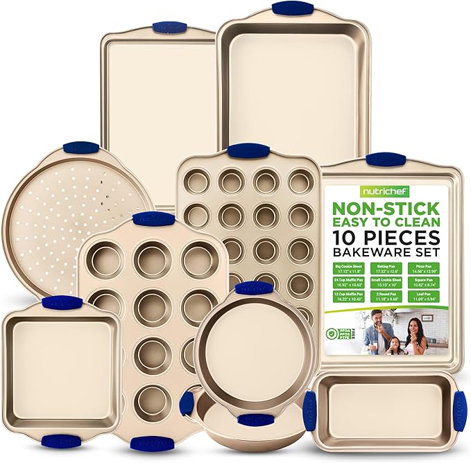 NutriChef 10-Piece Nonstick Bakeware Set - Premium Carbon Steel Baking Trays w/Heatsafe Silicone