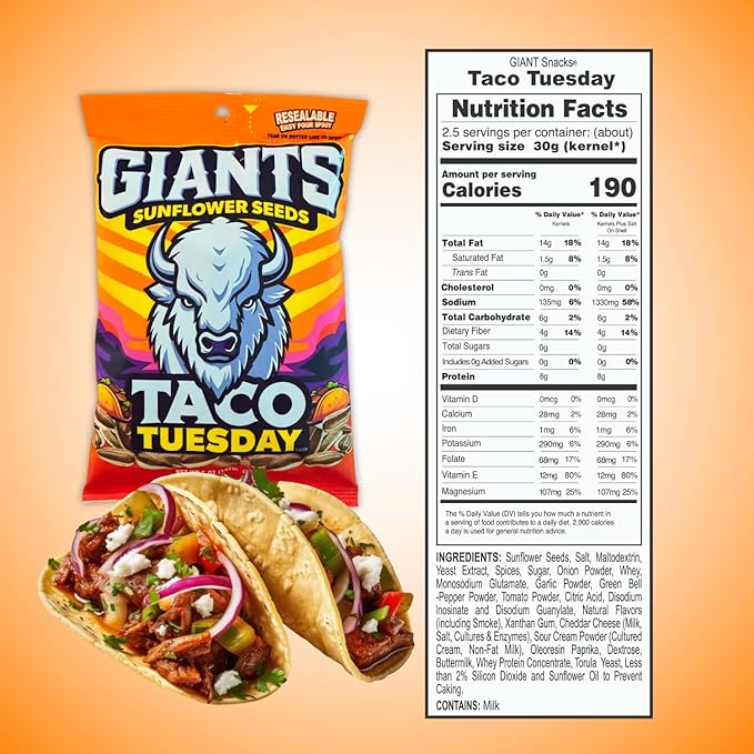 GIANTS Taco Tuesday Sunflower Seeds - Sunflower Seeds to Eat, High Protein Snack, Zesty Taco
