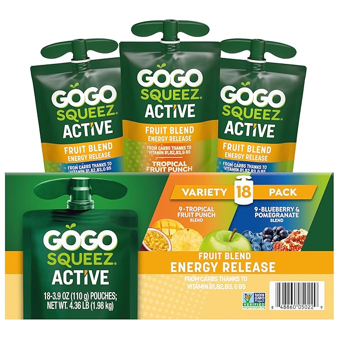 GoGo squeeZ Active Fruit Blend Energy Release | 18-Count Variety Pack | Tropical Fruit Punch and