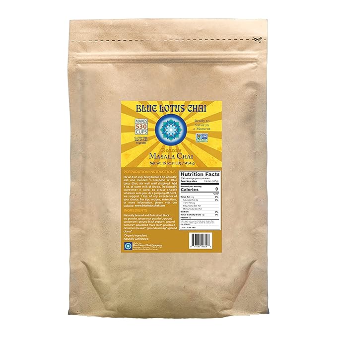 Blue Lotus Chai - Golden Masala Chai - Makes 530 Cups - 1 Pound Bulk Bag Masala Spiced Chai Powder
