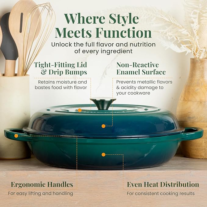 Larder & Vine Enameled Cast Iron Braiser | 3.6 qt Braiser Pan with Lid | Shallow Dutch Oven
