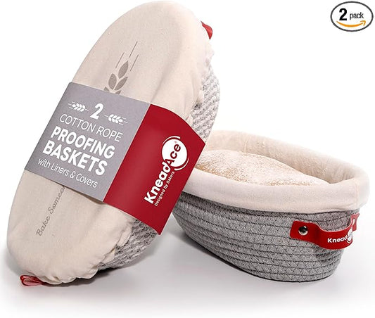 Cotton Rope Banneton Bread Proofing Basket Set, 2 x Oval Bread Basket with Liners & Covers for