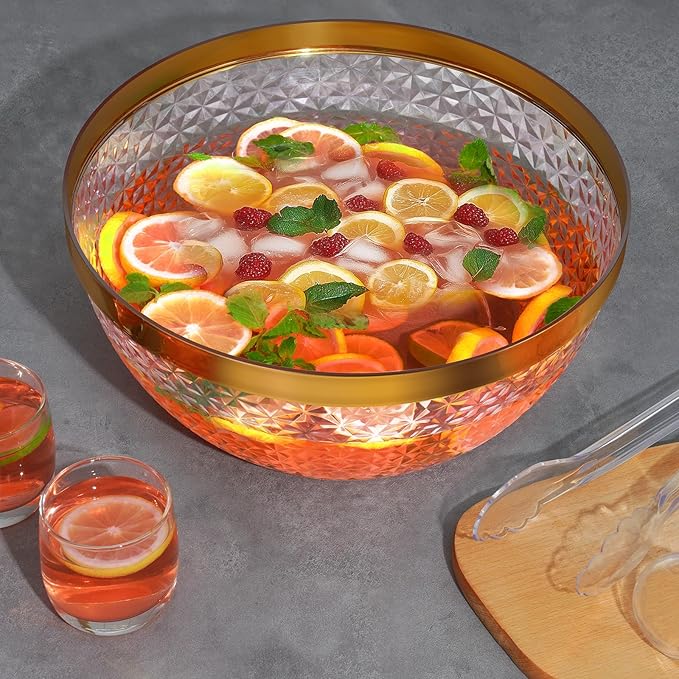 NiHome Gold Trim Clear Plastic Punch Bowl with Ladle and Tong for Parties, Weddings, BBQs, 1.4