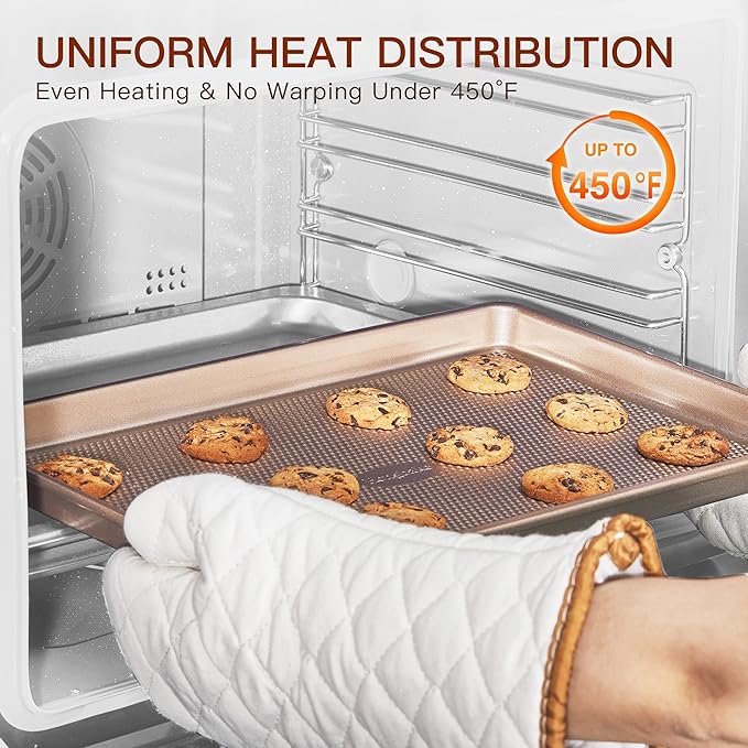 HONGBAKE 3 Pack Gold Nonstick Baking Sheet Pan Set with Oven Mitts Heat Resistant, Non-Toxic