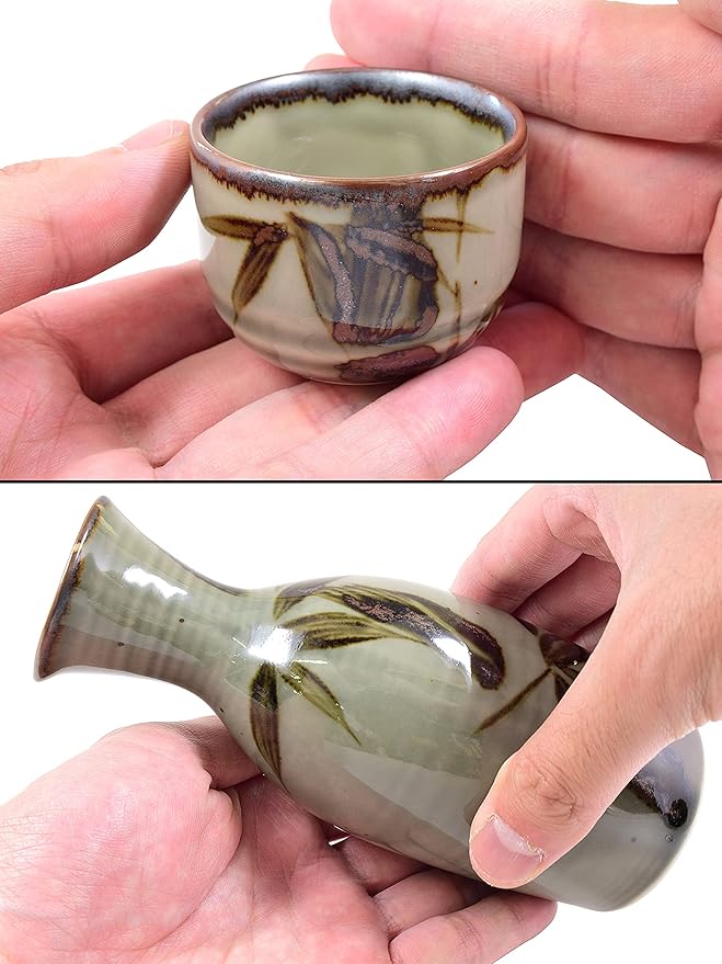 Product of Gifu Japan Japanese Sake Set, 1 Tokkuri Bottle Carafe and 4 Ochoko Cups Ceramic Sake