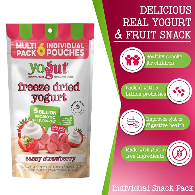 YoGut Freeze Dried Yogurt Snack, Strawberry, 6 Pack, Healthy Snacks for Kids, Toddlers & Adults