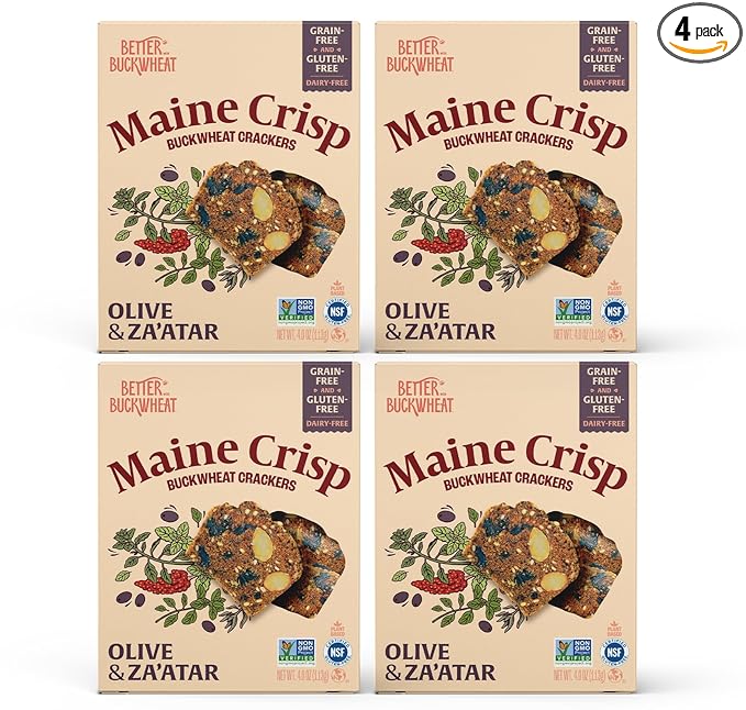 Maine Crisp Olive & Za'atar Crisps, 4 Pack, Gluten Free Crackers - Snack Crackers, Grain Free
