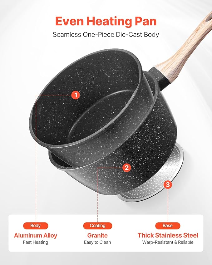 VEVOR 2.5 QT Saucepan, Nonstick Saucepan with Tempered Glass Lid, Multipurpose Cooking Sauce Pot