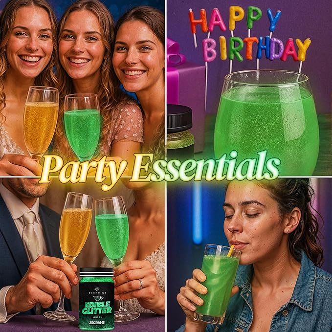 BeePoint Green Edible Glitter for Drinks 15g - Food Grade, Vibrant Color Shimmer Powdered Dust for