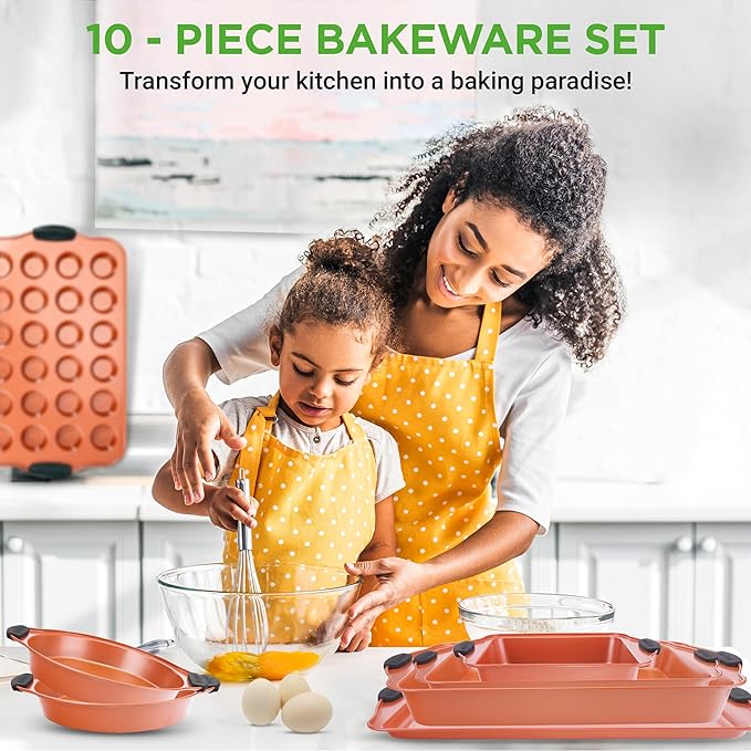 NutriChef 10-Piece Nonstick Baking Pan Set – Durable Carbon Steel Bakeware with Silicone Handles