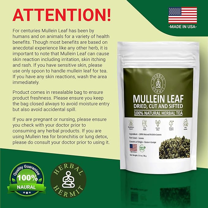 Herbal Hermit Mullein Leaf Tea (3 oz/85 grams) Herb for Respiratory Support, Mucous Membranes, Lung