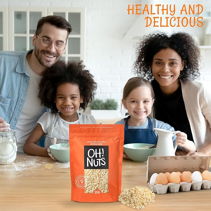 Oh! Nuts Almonds Diced Blanched - Raw - 100% Natural - 2 lb - High-Protein Diced Almonds - Packed