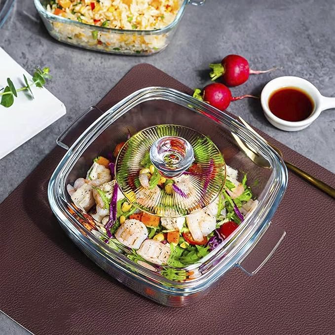 Clear Square Glass Casserole with Lid, Baking Dish with Glass Cover, Oven, Freezer and Dishwasher