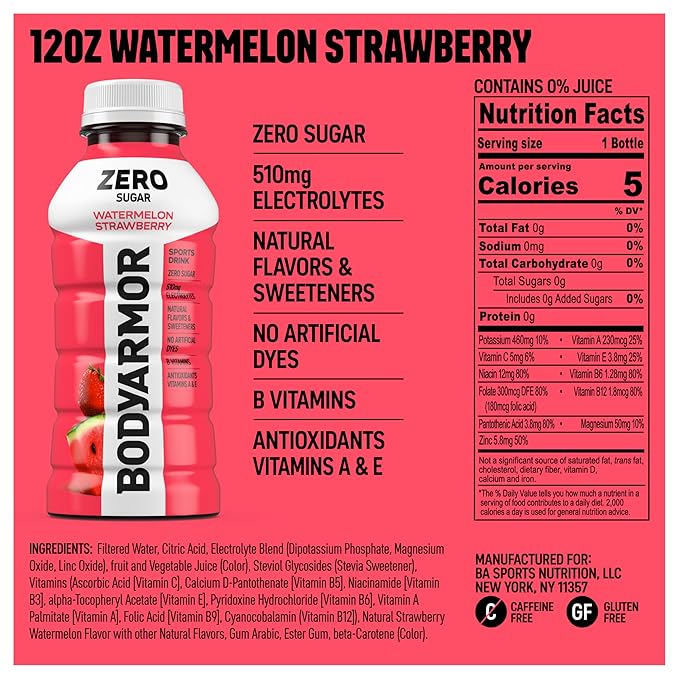 BODYARMOR ZERO Sugar Watermelon Strawberry, Sugar Free Sports Drink - Low-Calorie Hydration