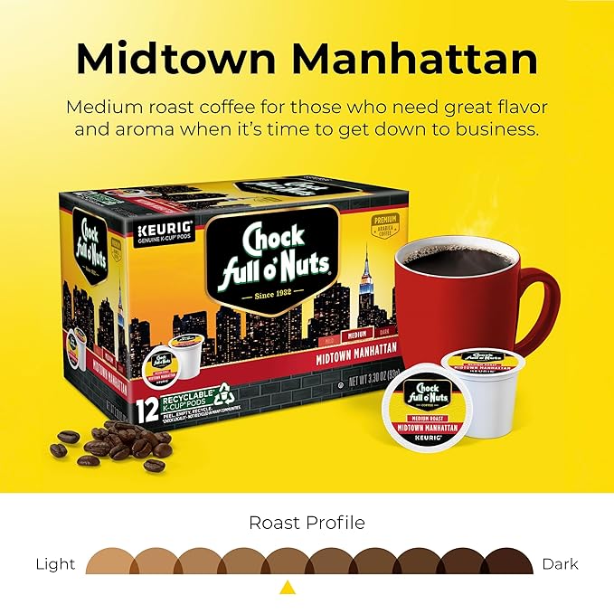 Chock full o’Nuts Midtown Manhattan Keurig K-Cup Pods for Keurig Brewers – Premium Arabica, Medium