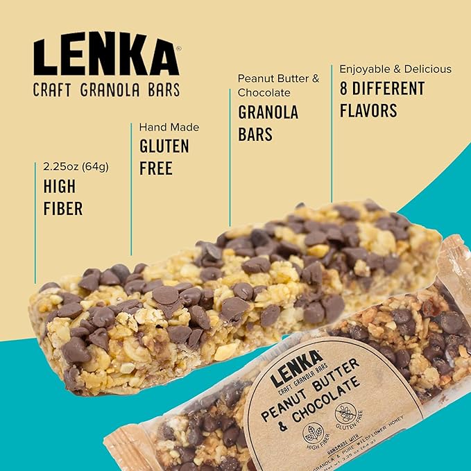 Lenka Bars - Peanut Butter & Chocolate Snack Bars, Gluten Free, High Fiber, Kosher, Wholesome, No