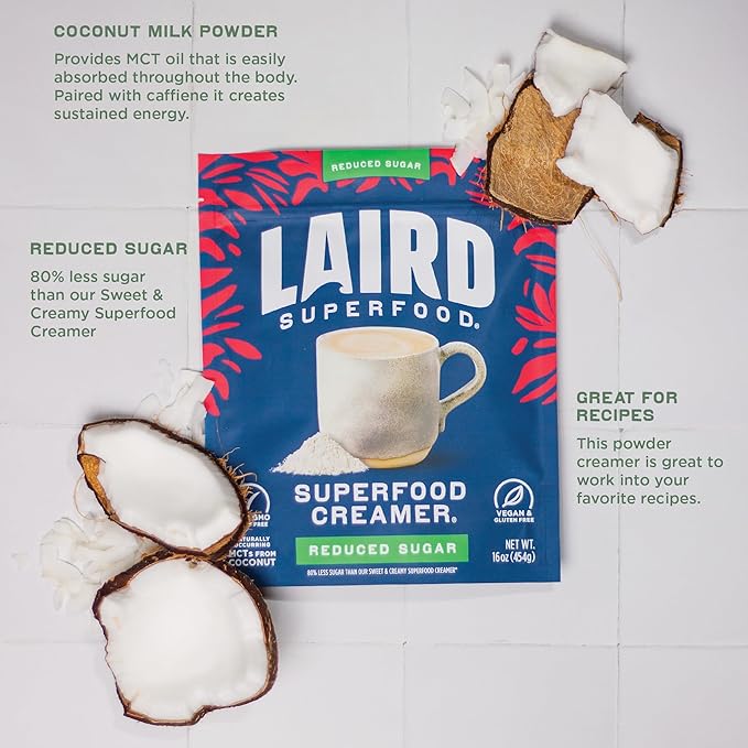 Laird Superfood Non-Dairy Reduced Sugar Superfood Coconut Powder Coffee Creamer, Keto, No Sugar