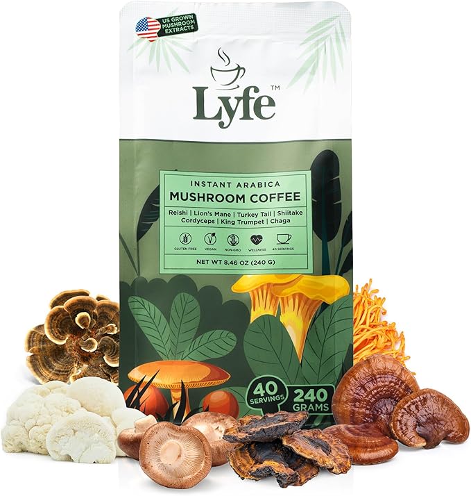 LYFE Organic Instant Mushroom Coffee ??Lion?™s Mane, Chaga, Cordyceps, Turkey Tail | USA Grown