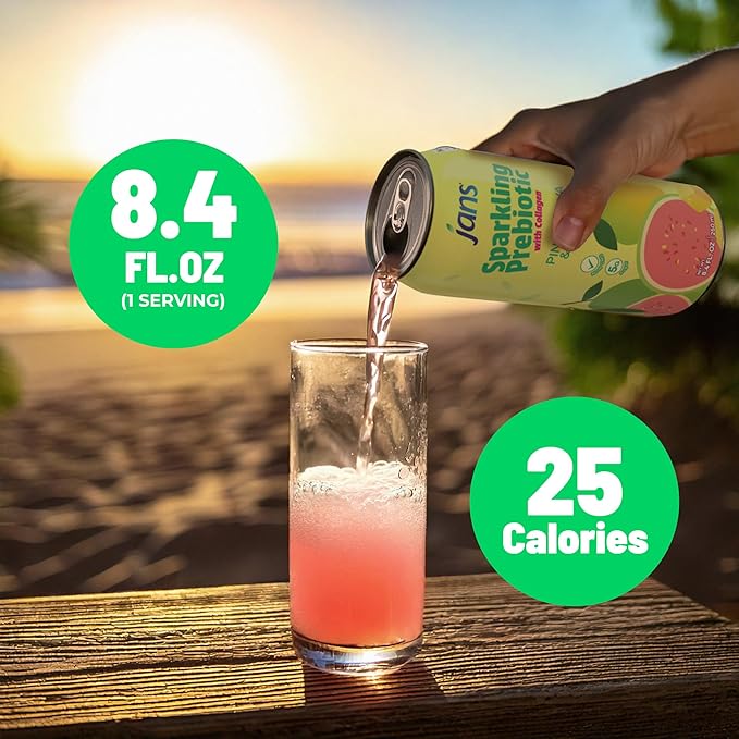 Jans Sparkling Prebiotic with Collagen Soda Beverage ??Pink Guava & Mango 8.4 Fl Oz (6-Pack) ??Low