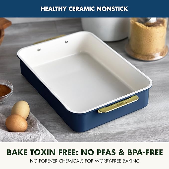 GreenPan Bakeware Rectangular Cake Pan, Ceramic Nonstick Baking Pan, PFAS & BPA Free, Gold Handles
