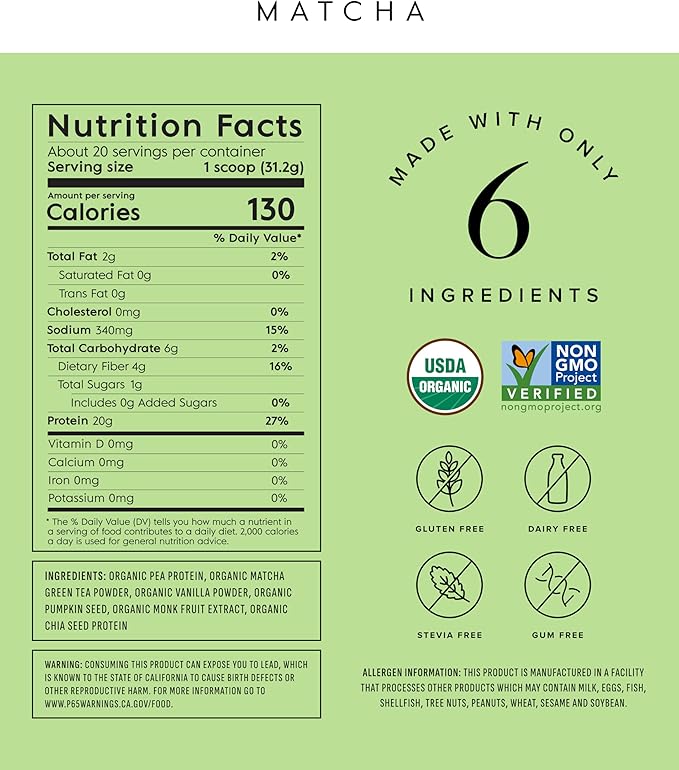Truvani Vegan Pea Protein Powder | Matcha | 20g Organic Plant Based Protein | 20 Servings | Keto |