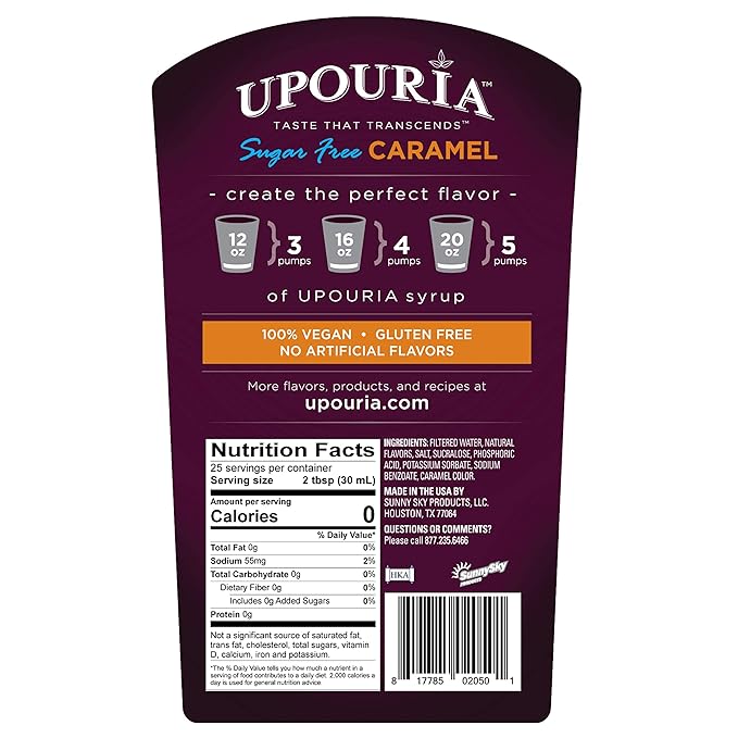 Upouria Sugar-Free Caramel Coffee Syrup Flavoring, 100% Vegan, Gluten-Free, Kosher, Keto, 750 mL