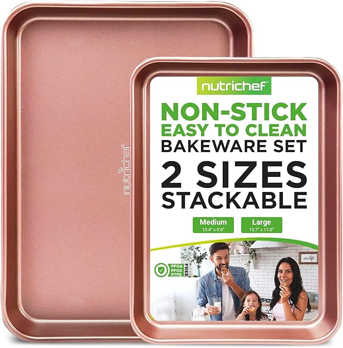 NutriChef 2-Piece Nonstick Cookie Sheets for Baking - Premium Medium & Large Size Baking Sheet Set