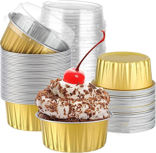 200Pack 5oz Gold Mini Cake Pans with Lids and Spoons Baking Cups Aluminum Foil Tins, Individual
