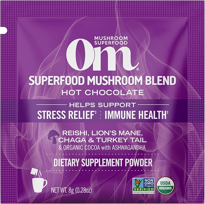 OM MUSHROOM SUPERFOOD Hot Chocolate Blend Mushroom Powder, Single Serve, 10 Count, Dutch Cocoa, 2g