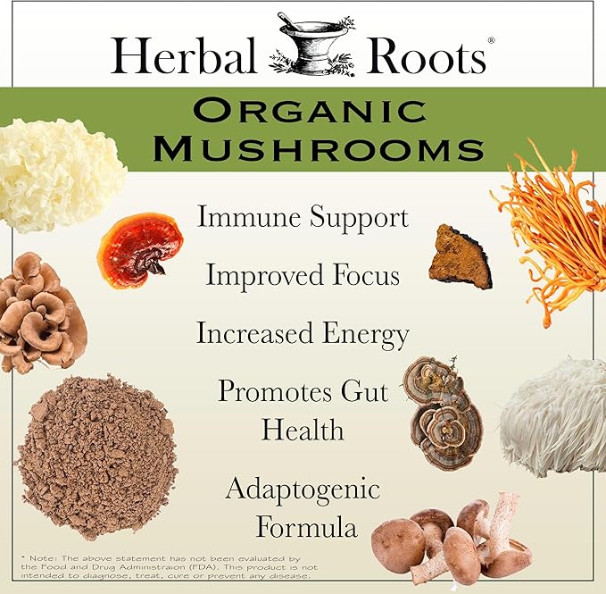 Herbal Roots Organic 8 Mushroom Blend Supplement Capsules - 100% Fruiting Body Extracts - Wellness