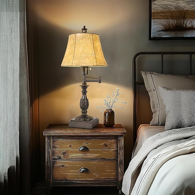 23.5" Rustic Traditional 350° Adjustable Swing Arm Table Lamp Set of 2 with USB A+C Ports Brown