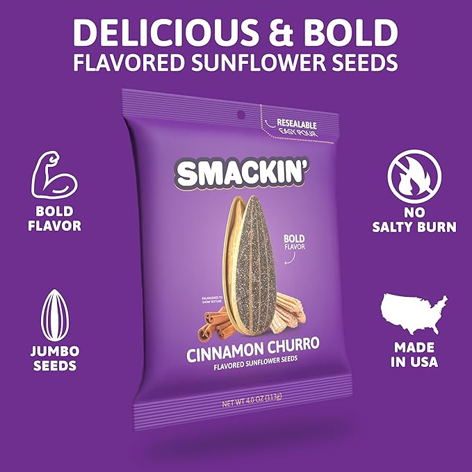 SMACKIN' - Jumbo Roasted Sunflower Seeds, No Salty Burn, American Made, Easy Pour & Seal - Cinnamon