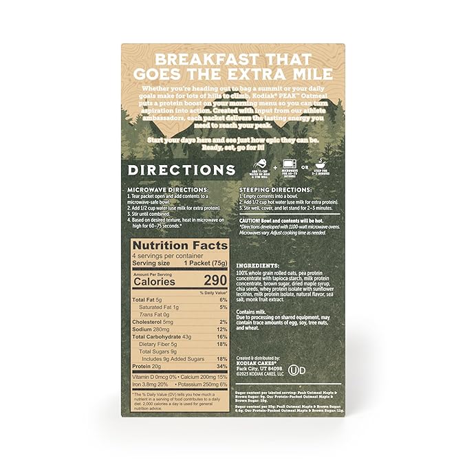 Kodiak Cakes Peak Instant Oatmeal Packets, Maple Brown Sugar, High Protein,100% Whole Grains, 6 box